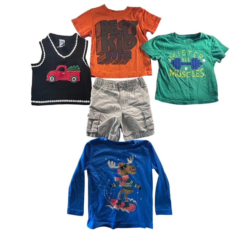 Kids Outfit Bundle: T-Shirts Vest Shorts Clothes Lot - Moose, Truck 2T